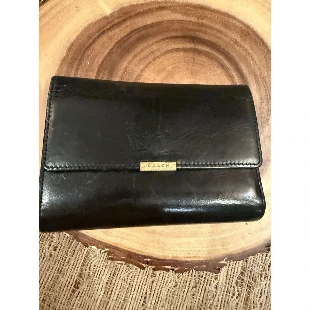 COACH Vintage Lexington Small Smooth Black Leather Tri Fold Clutch Wallet